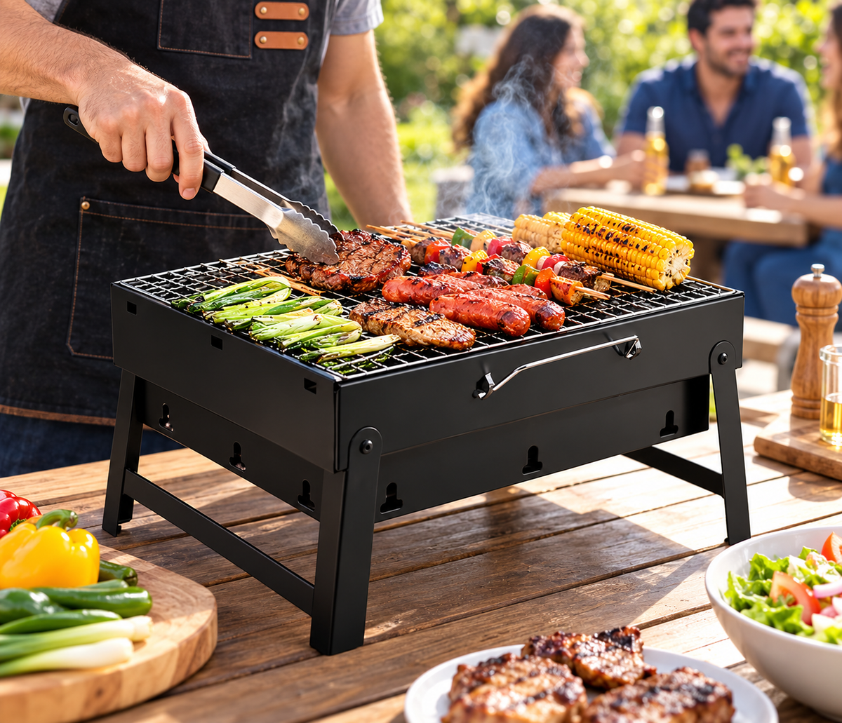 Asador Mini Plegable Portátil Carbón Camping Picnic 43x29 Cm Negro