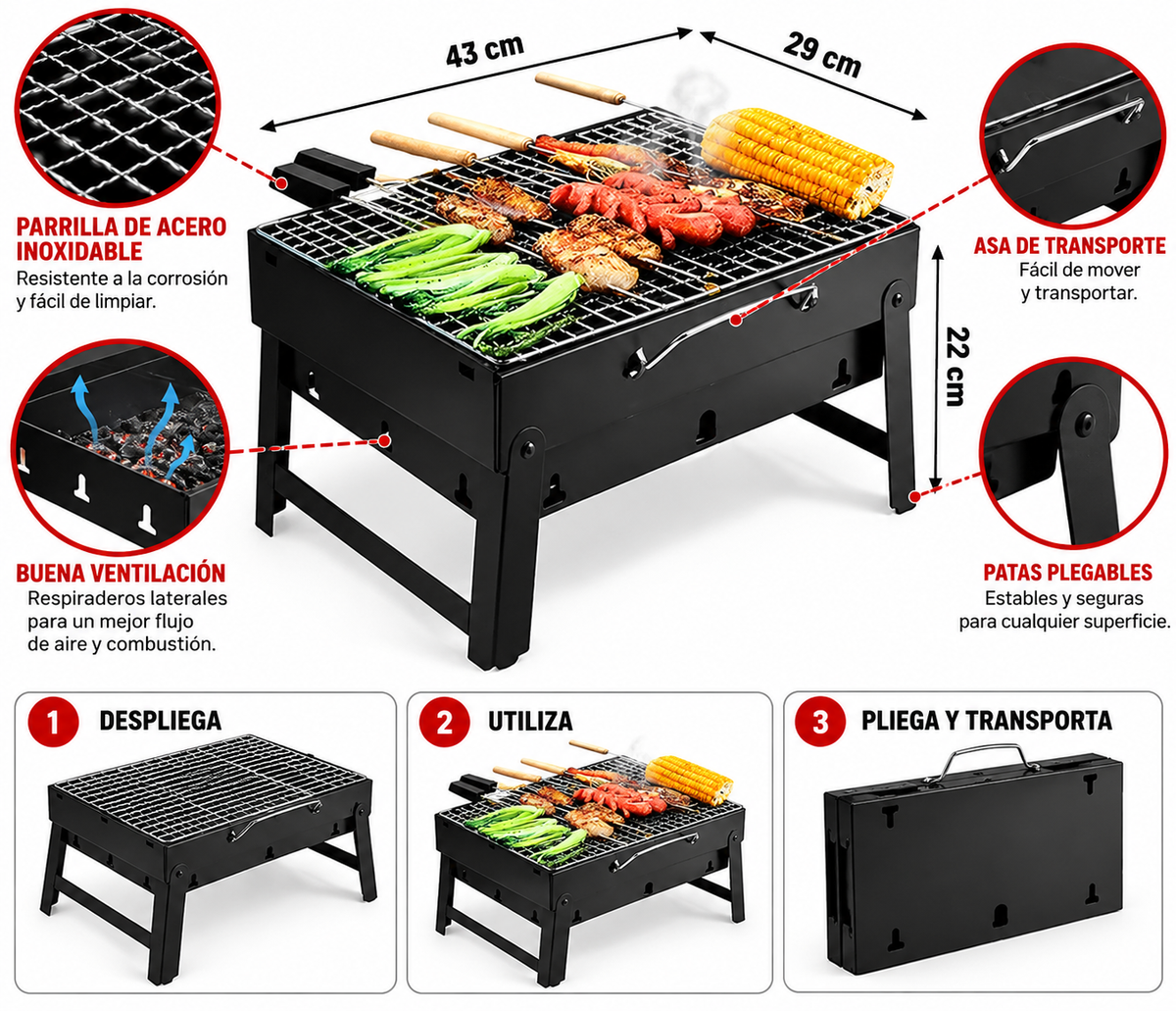 Asador Mini Plegable Portátil Carbón Camping Picnic 43x29 Cm Negro