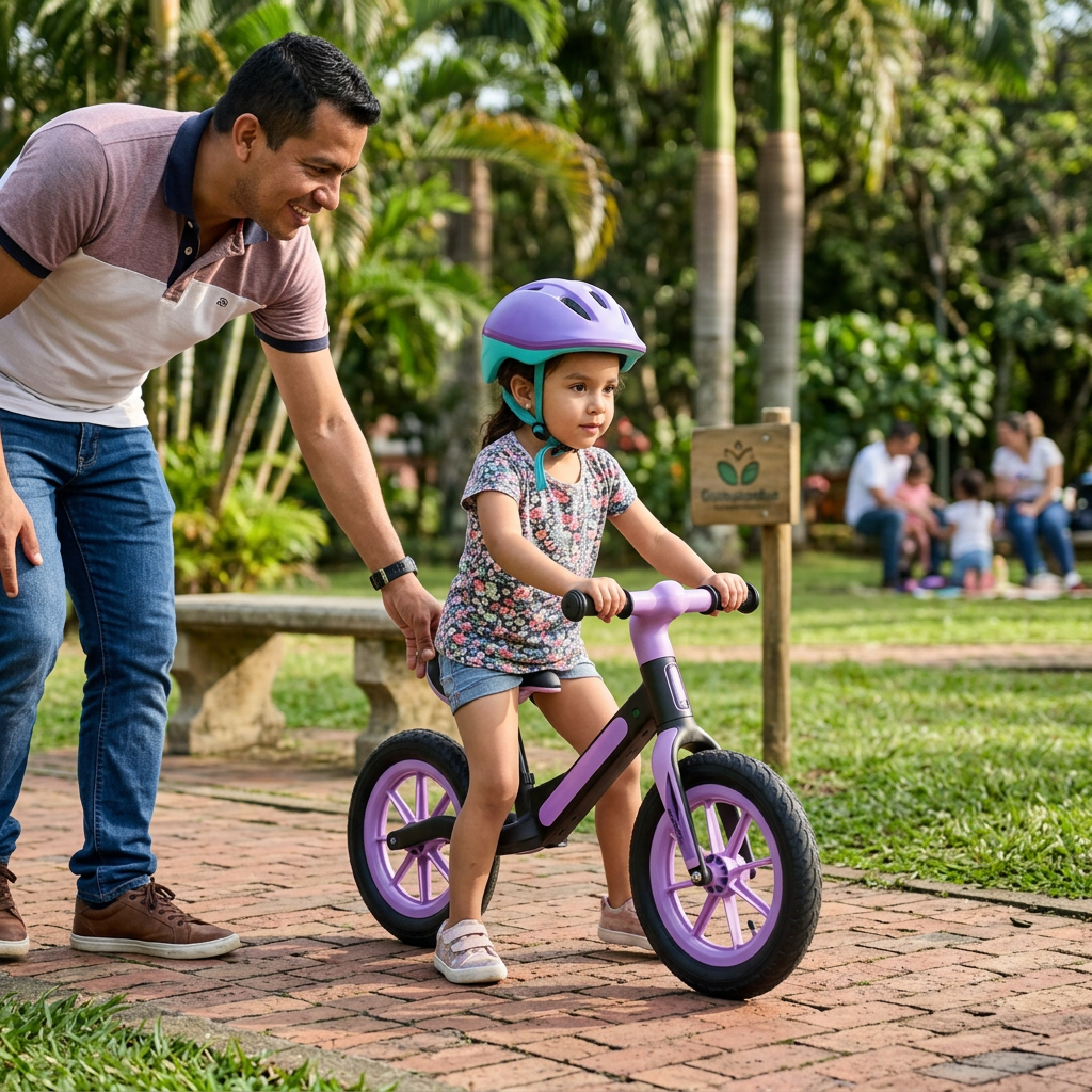 Escena ilustrativa niña con casco y bicicleta de equilibrio tono lila acompañada por adulto