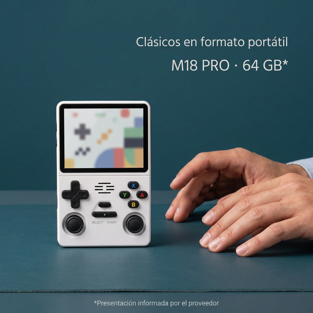 Consola portátil M18 PRO presentación 64 GB sobre escritorio