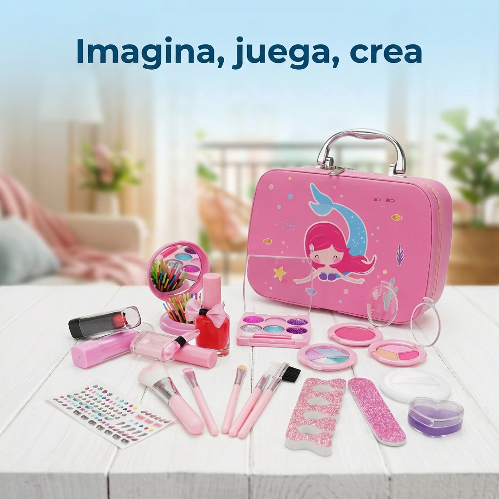 Kit maquillaje infantil con maletín rosado y accesorios en una mesa, con el mensaje Imagina, juega, crea.