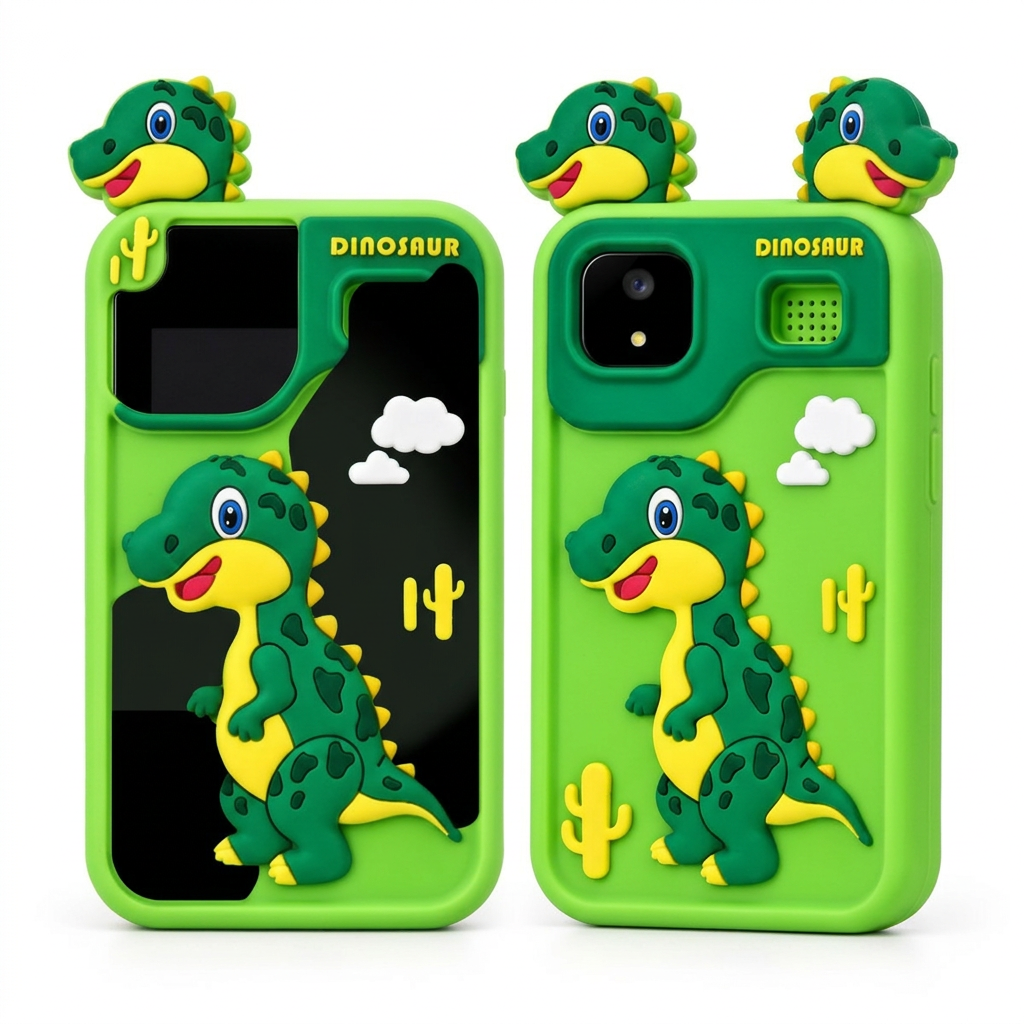 Celular juguete para niños H1 con diseño de dinosaurio verde, vista frontal y trasera