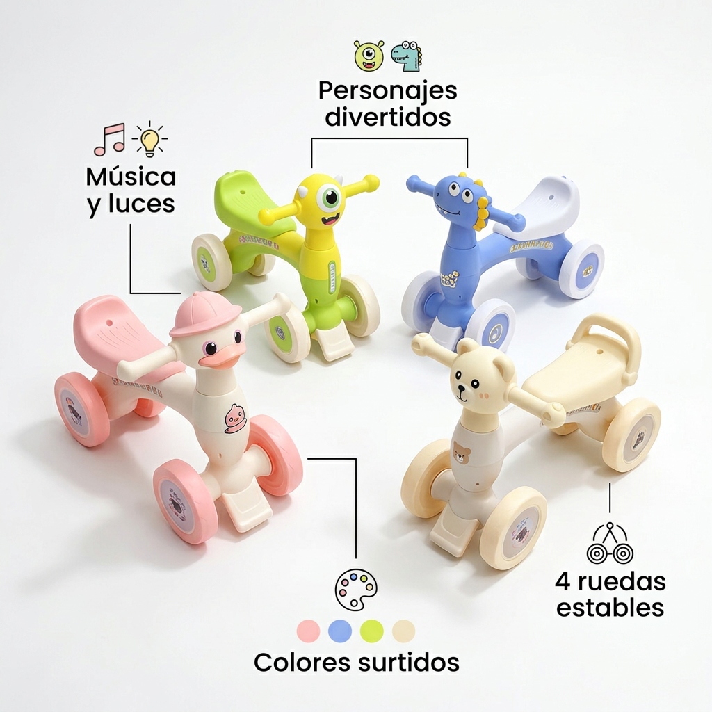 Triciclo infantil 4 ruedas con música, luces y personajes de colores