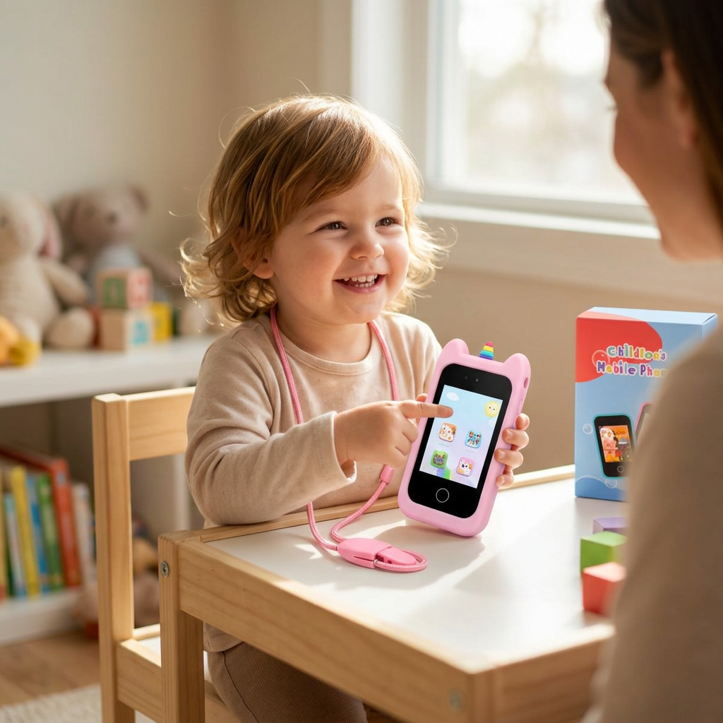 Niña jugando con el celular juguete PP-1 en su mesa de actividades