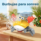 Cangrejo burbujero amarillo generando burbujas en una terraza, con el mensaje Burbujas para sonreír.