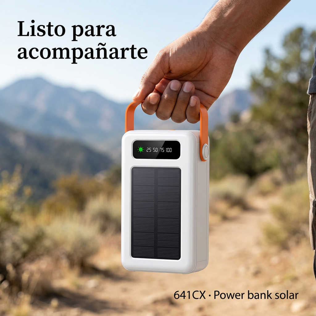 Escena ilustrativa de transporte del power bank solar 641CX mediante su asa naranja