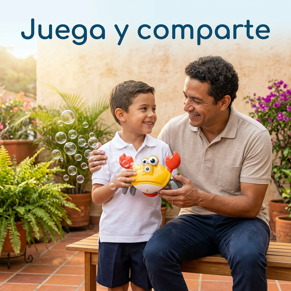 Escena ilustrativa de un niño acompañado por un adulto usando el cangrejo burbujero en un patio.