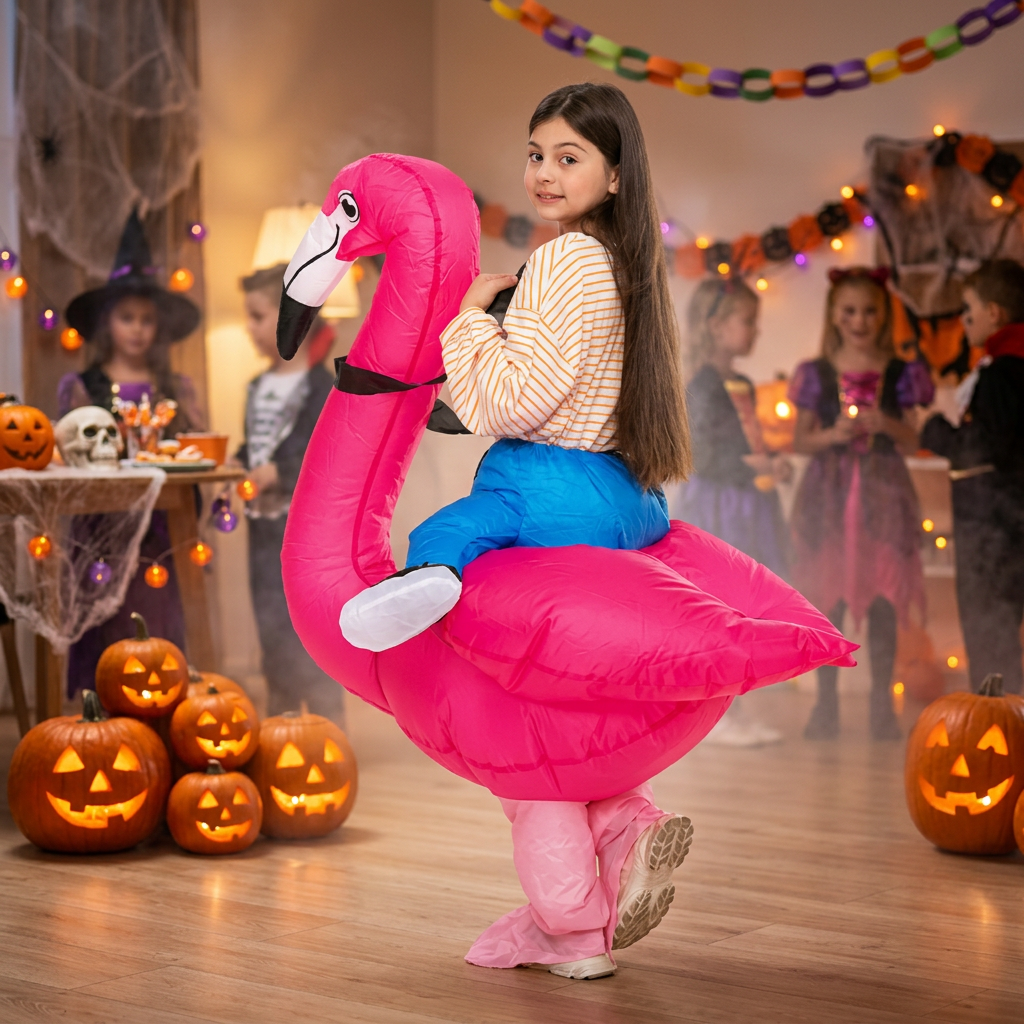 Niña con disfraz inflable de flamingo en una fiesta de Halloween