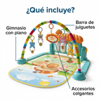 Contenido del gimnasio musical para bebé: gimnasio con piano, barra y accesorios colgantes.