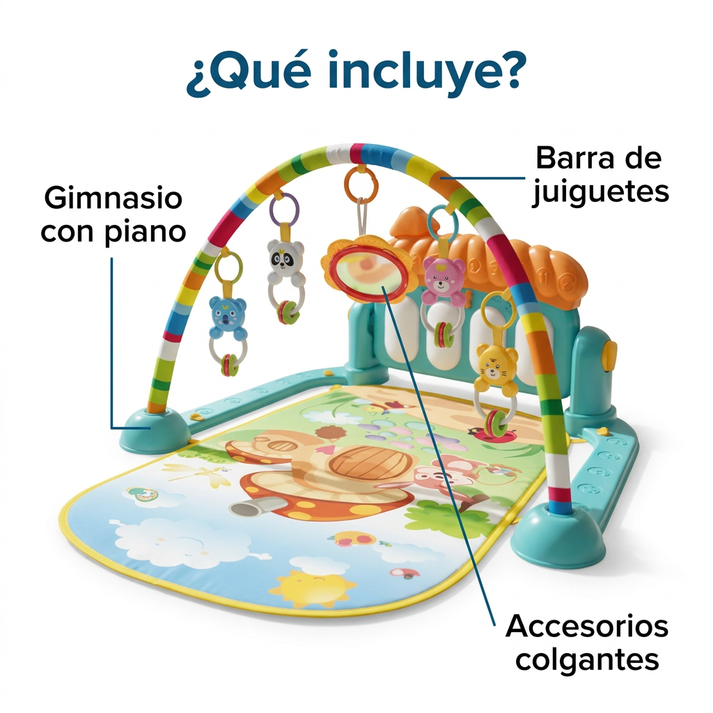 Contenido del gimnasio musical para bebé: gimnasio con piano, barra y accesorios colgantes.