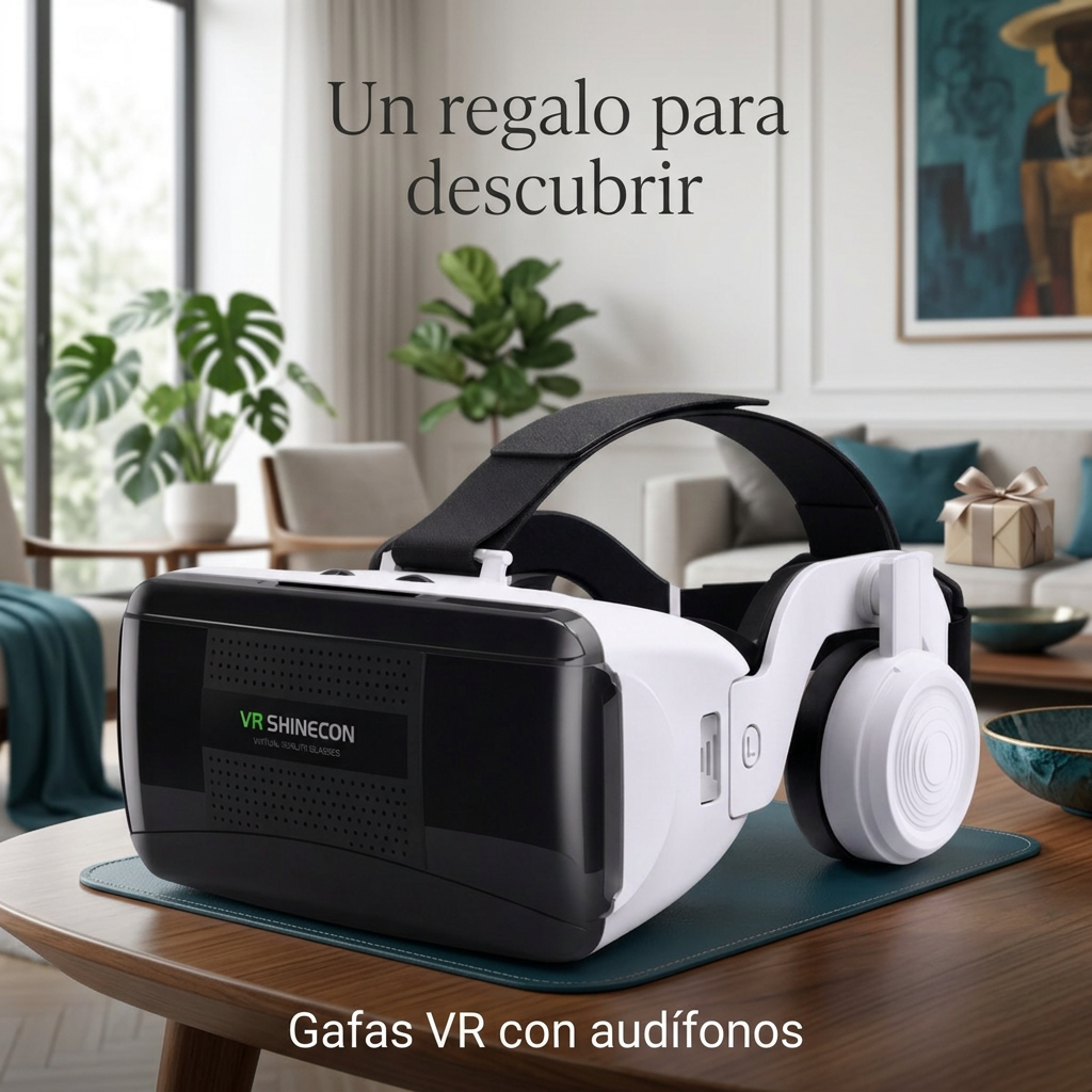Gafas VR SHINECON con audífonos en una escena decorativa de regalo