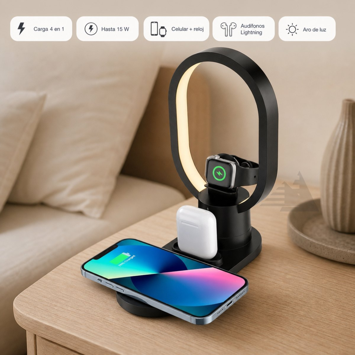 Base AY41 negra con aro de luz y zonas para celular, reloj y audífonos, mostrada sobre una mesa.