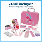 Contenido del kit maquillaje infantil 60010I: maletín rosado, maquillaje y accesorios.