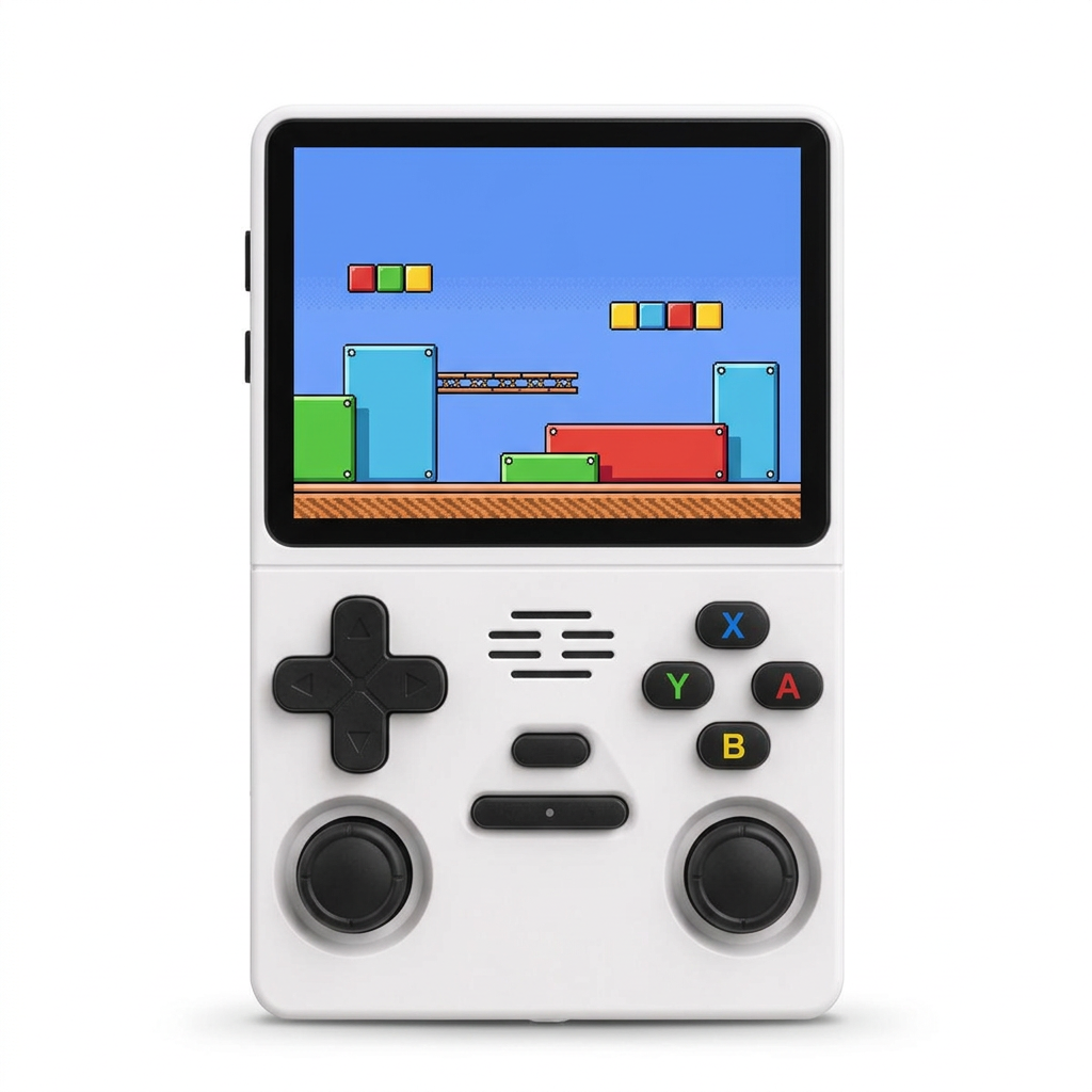 Consola portátil retro M18 PRO blanca con dos joysticks sobre fondo blanco