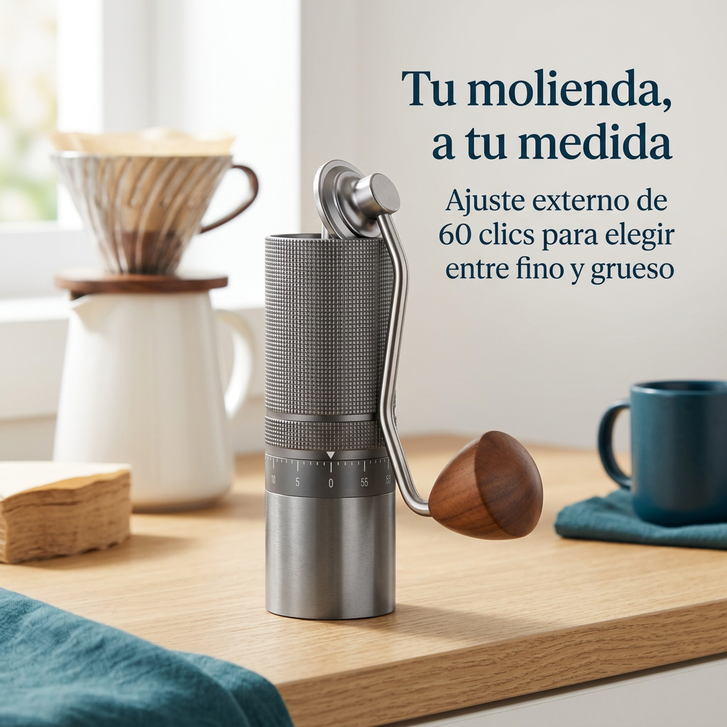 Molinillo M1 con ajuste externo de 60 clics junto a una estación de café