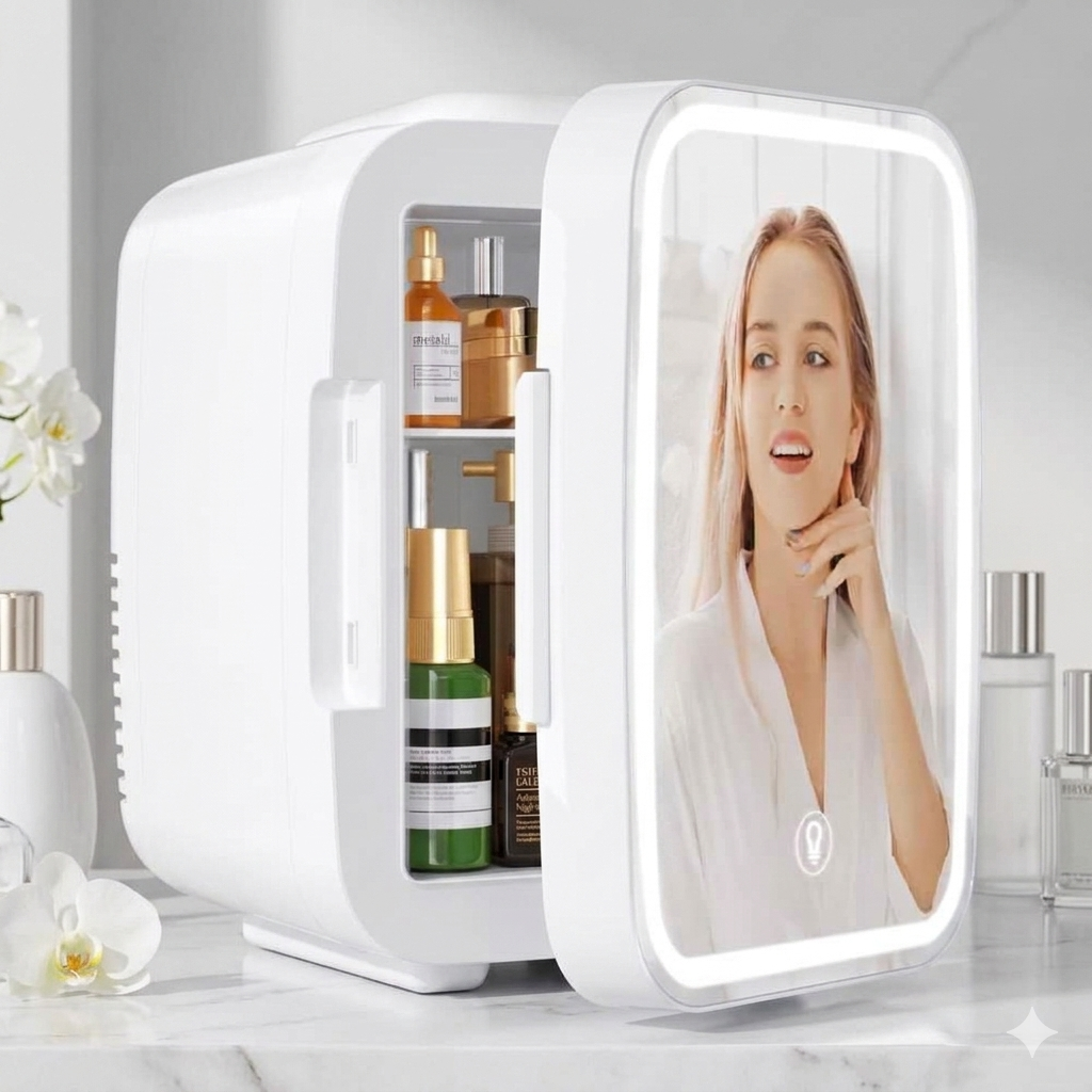 Mini Nevera Para Maquillaje Cuidado De La Piel Con Espejo Led Nv-4l Blanca