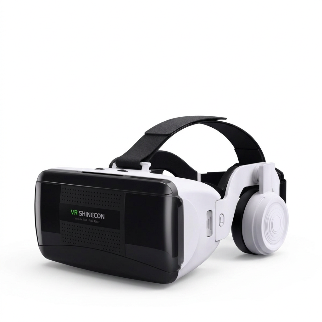 Gafas VR SHINECON blancas y negras con audífonos integrados sobre fondo blanco