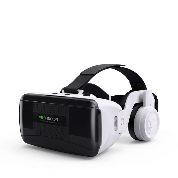 Gafas VR SHINECON blancas y negras con audífonos integrados sobre fondo blanco