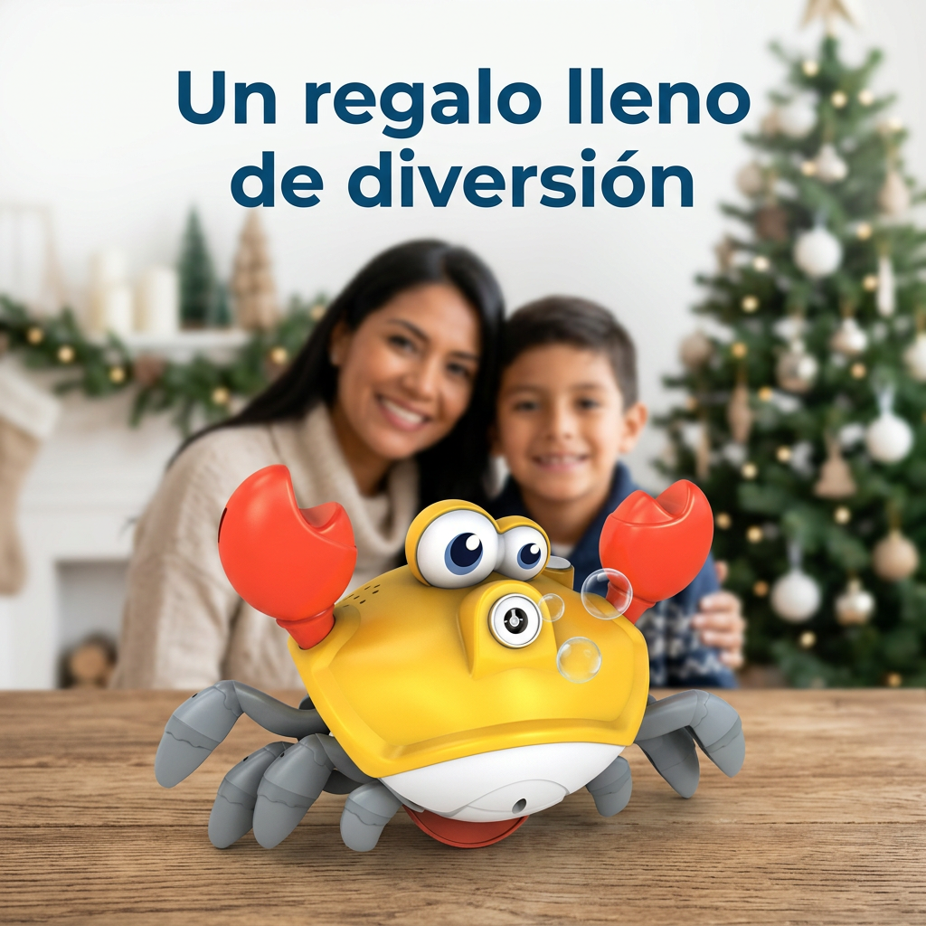 Cangrejo burbujero como opción de regalo en una escena ilustrativa navideña familiar.
