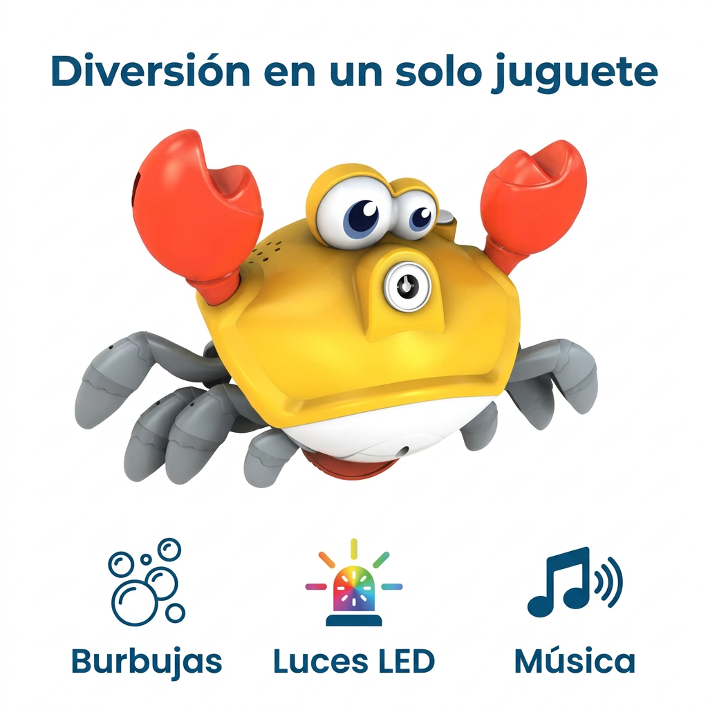 Funciones del cangrejo burbujero 25002A: burbujas, luces LED y música.