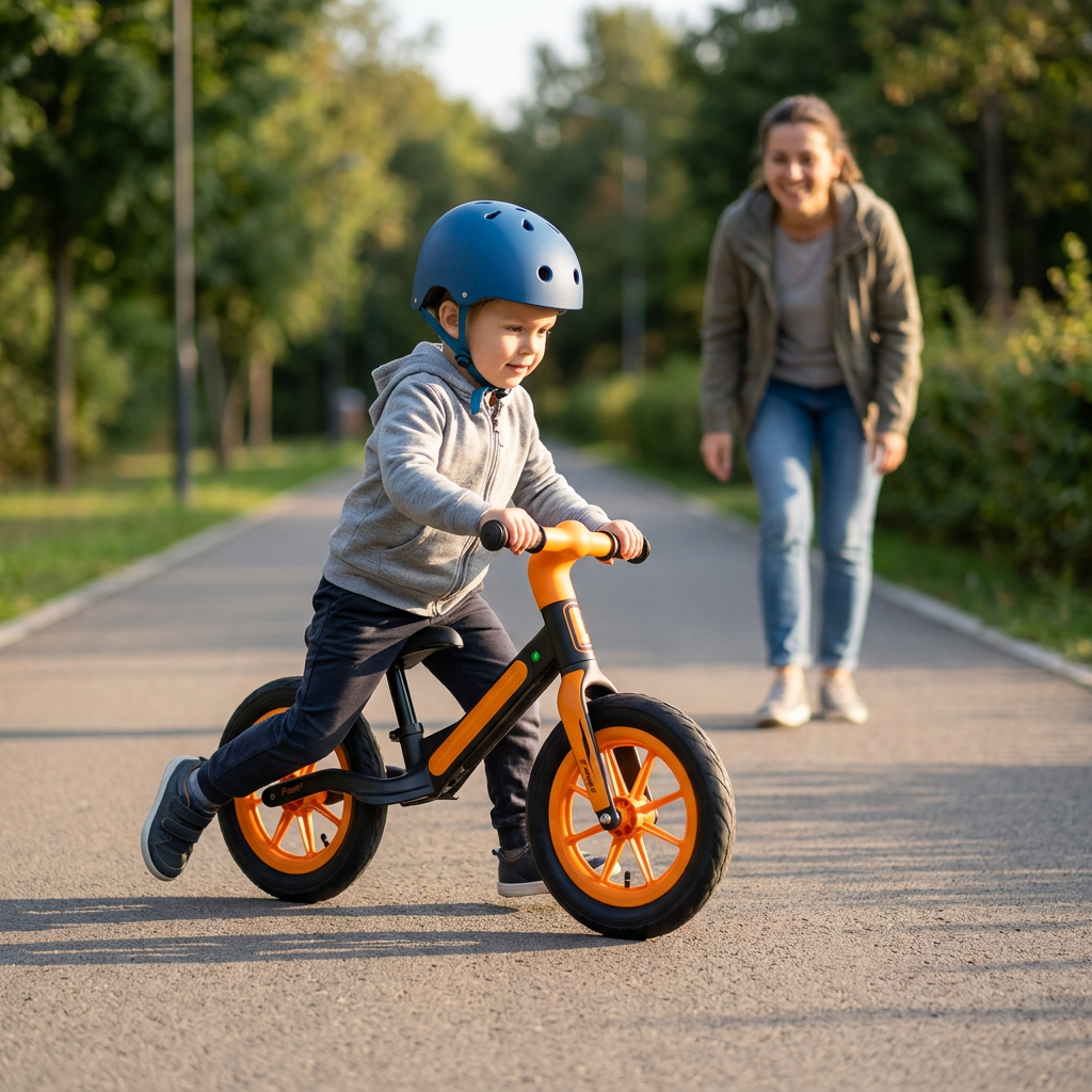 Escena ilustrativa niño con casco usando bicicleta de equilibrio naranja bajo supervisión