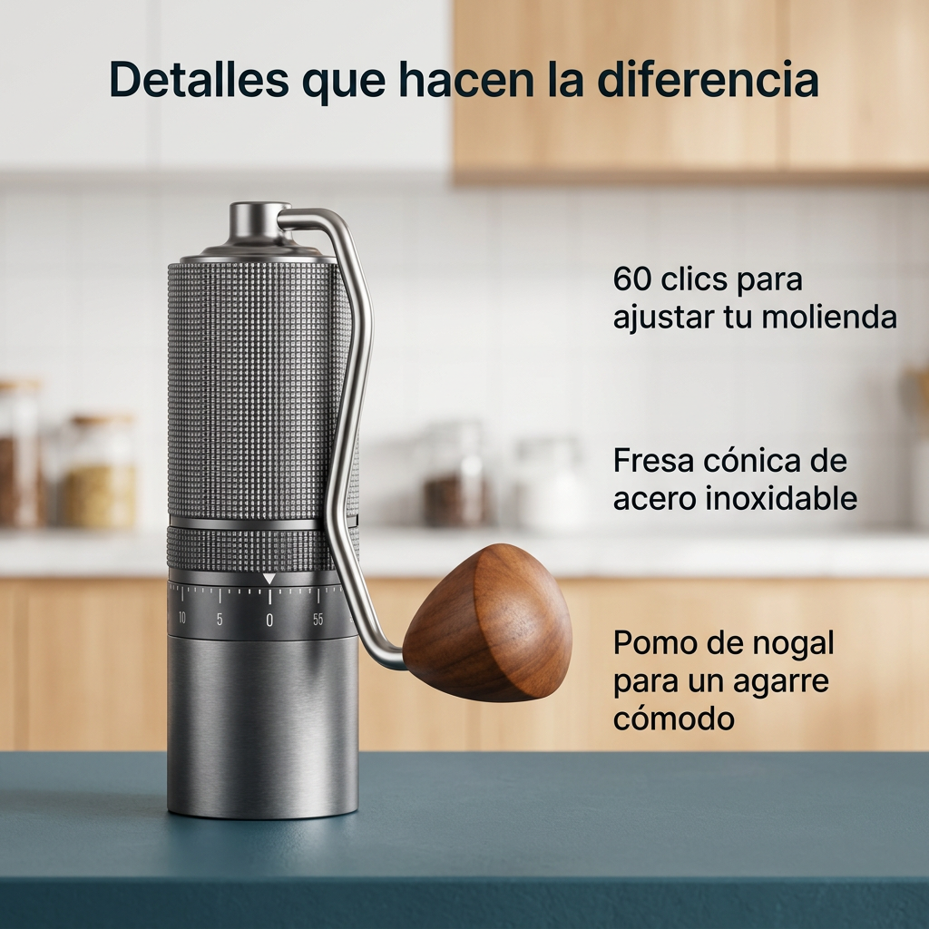 Molinillo M1 con información sobre 60 clics, fresa cónica de acero inoxidable y pomo de nogal
