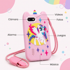 Celular juguete PP-1 con funciones señaladas: cámara, videos, fotos, alarma, juegos y música