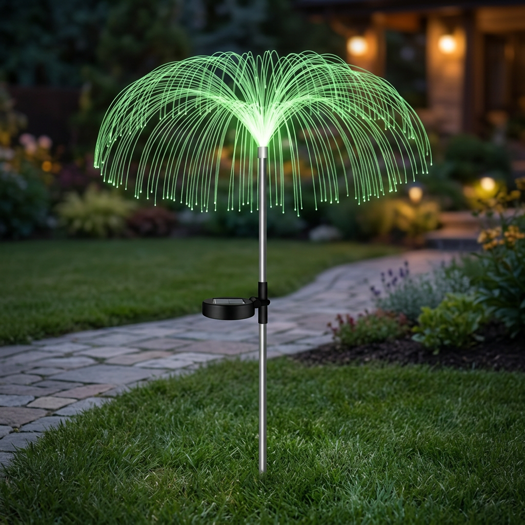 Una lámpara solar SM-C3540 con filamentos luminosos ambientada en jardín