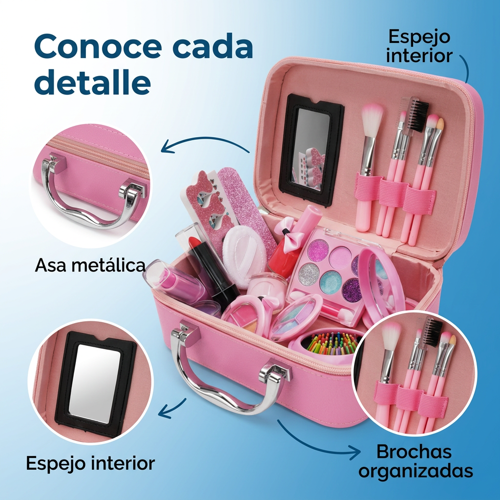 Detalles del maletín maquillaje infantil rosado: asa metálica, espejo interior y brochas organizadas.