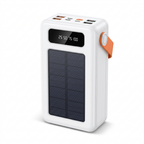 Power bank solar 641CX blanco con panel frontal y asa naranja sobre fondo blanco