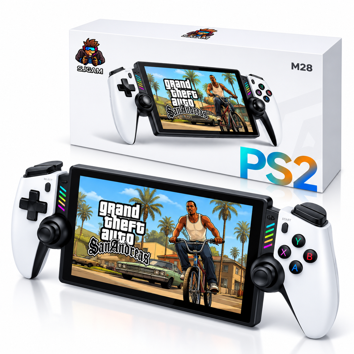 Consola portátil SJGAM M28 blanca y negra con iluminación RGB junto a su caja