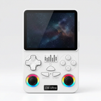 Detalle frontal de pantalla, cruceta, botones, altavoz y joysticks de consola J36 Ultra blanca
