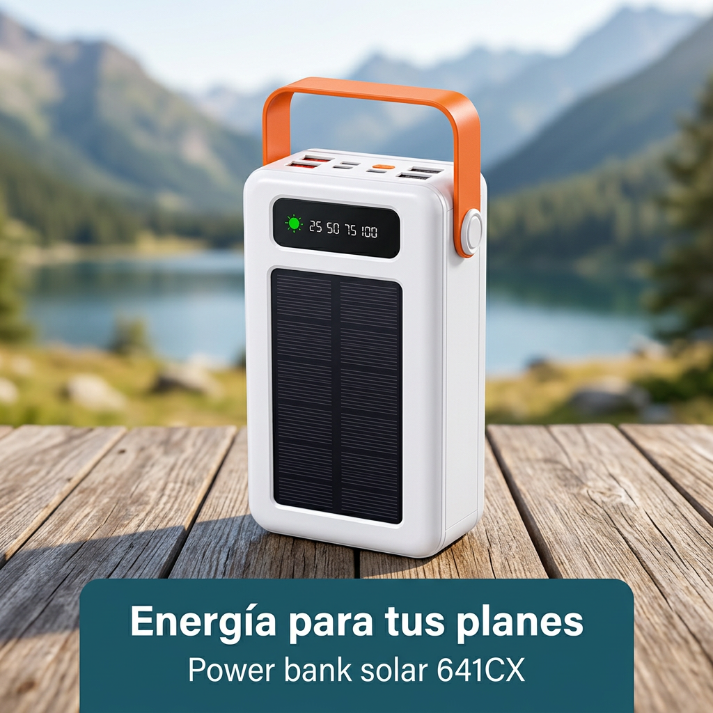 Batería externa solar 641CX en mesa de camping, energía para tus planes