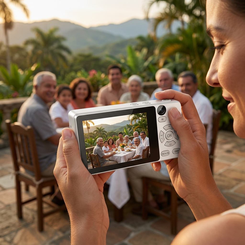 Uso ilustrativo de cámara digital compacta blanca en una reunión familiar al aire libre