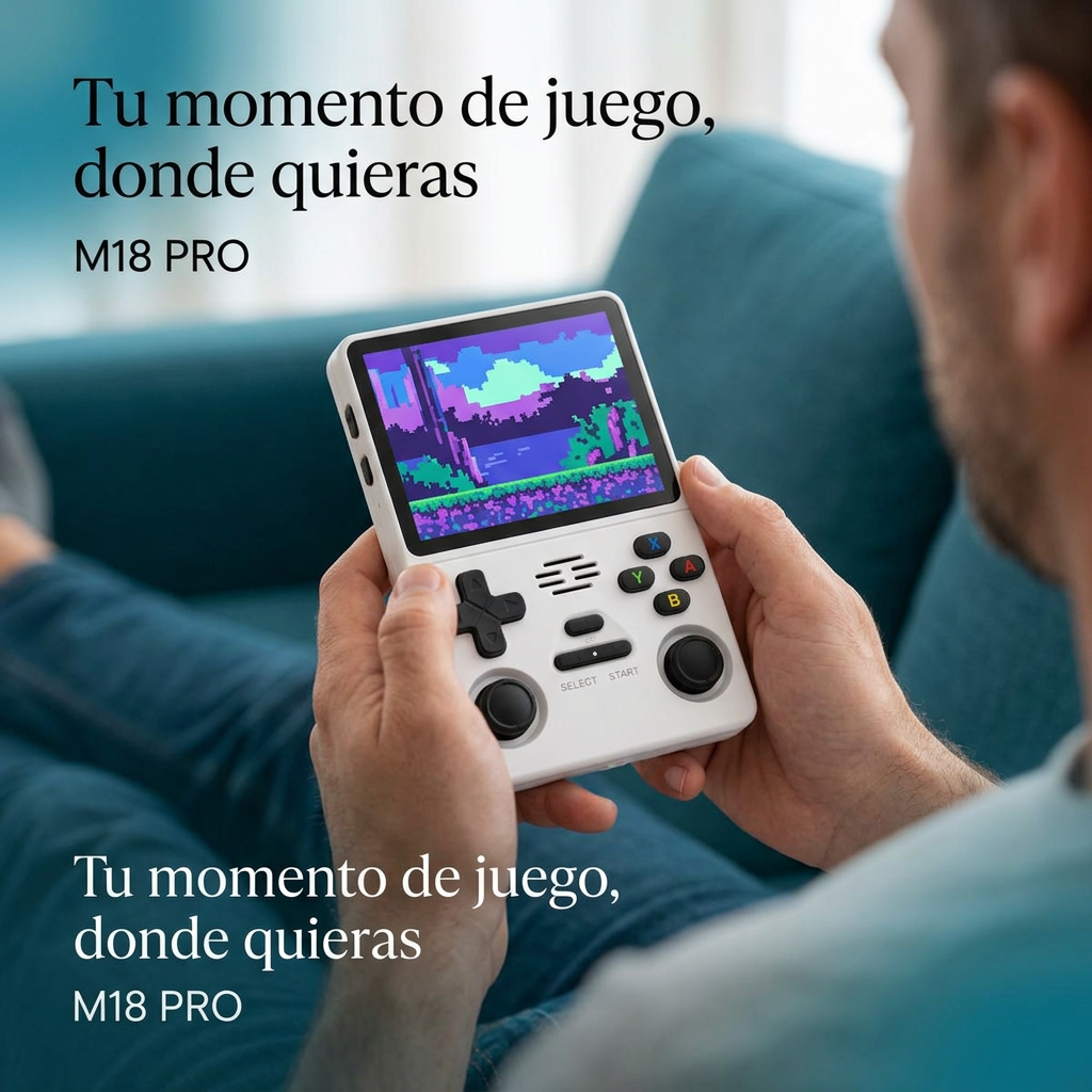 Escena ilustrativa adulto usando consola portátil M18 PRO en casa