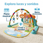 Características del gimnasio bebé HE-0639: piano musical, luces y sonidos y barra desmontable.