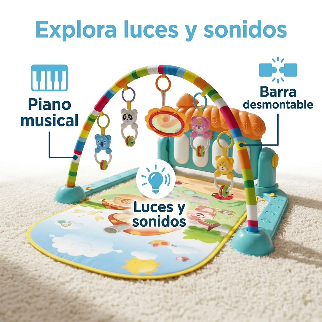 Características del gimnasio bebé HE-0639: piano musical, luces y sonidos y barra desmontable.