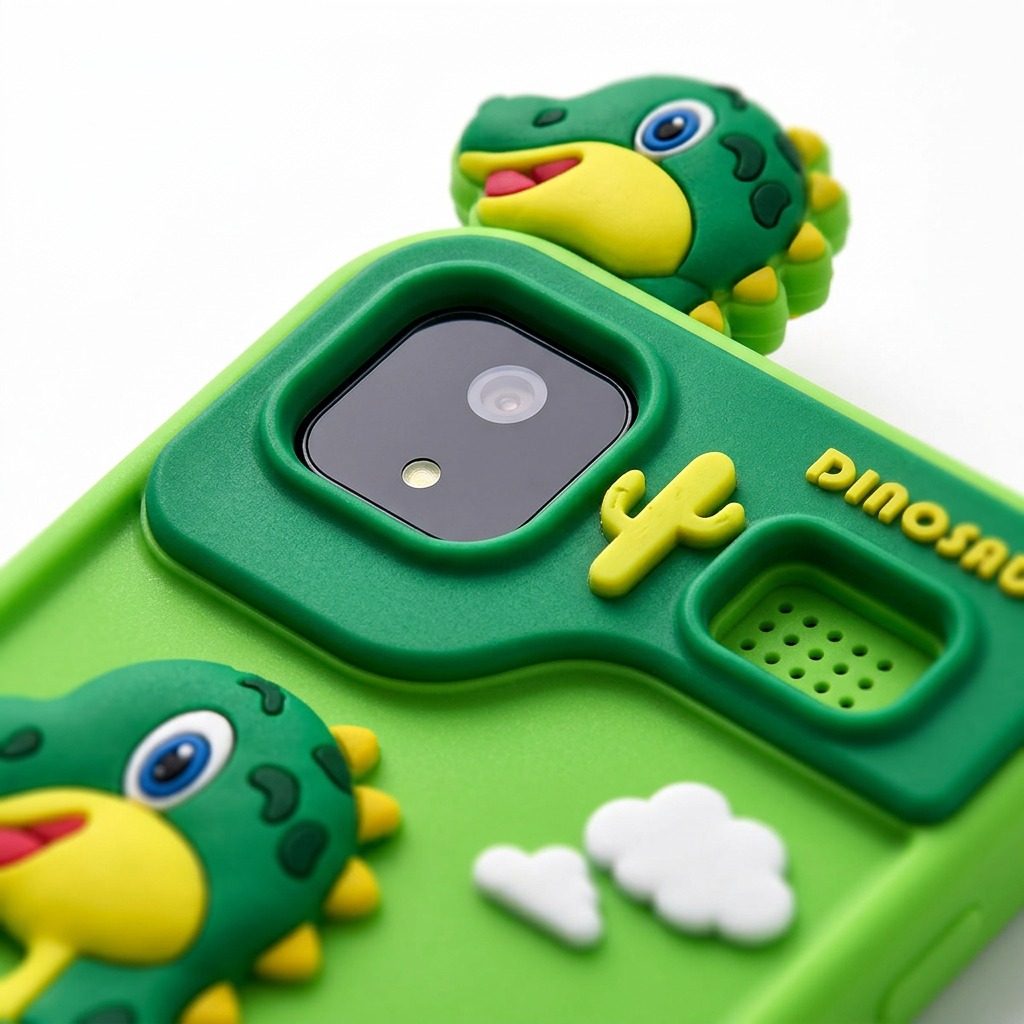Detalle del celular juguete H1: cubierta verde, cámara y parlante con diseño dinosaurio