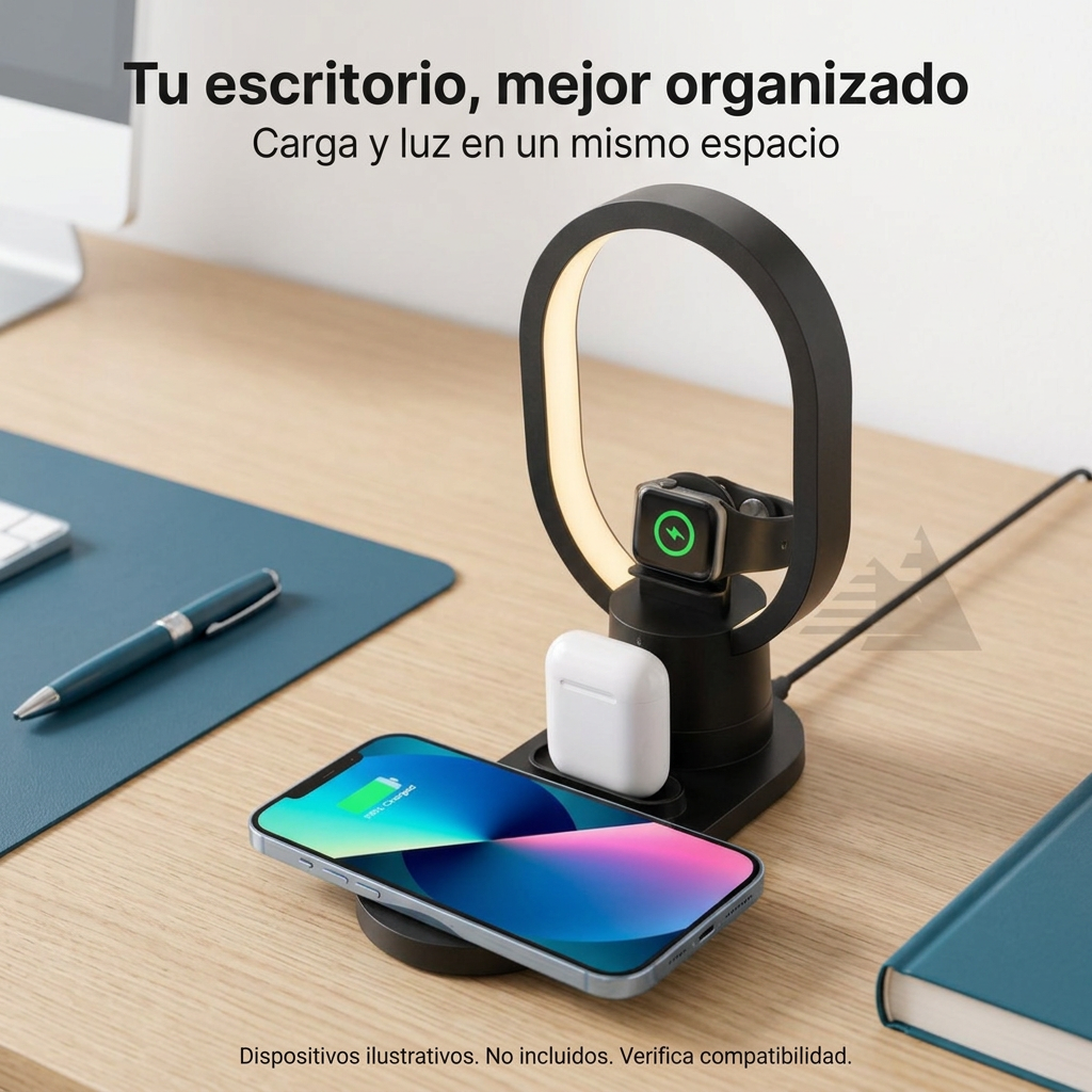 Base AY41 sobre escritorio organizado con dispositivos ilustrativos.