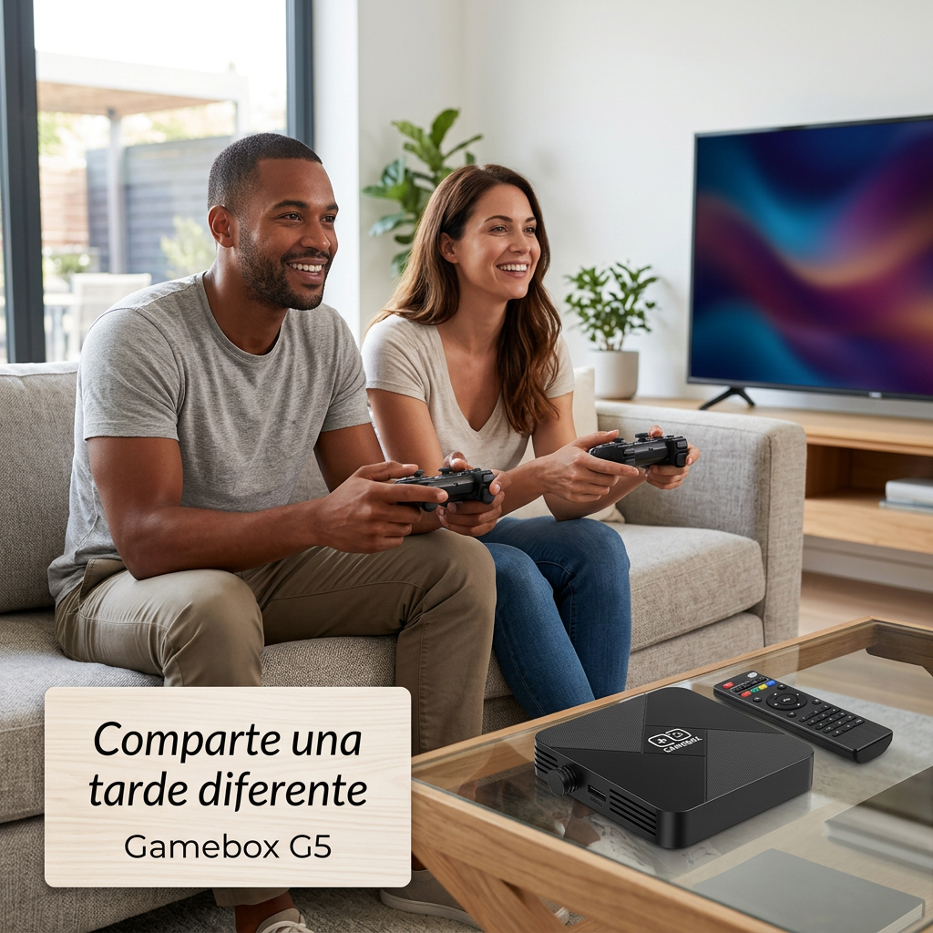 Dos adultos con mandos Gamebox G5 en una escena ilustrativa de entretenimiento en casa