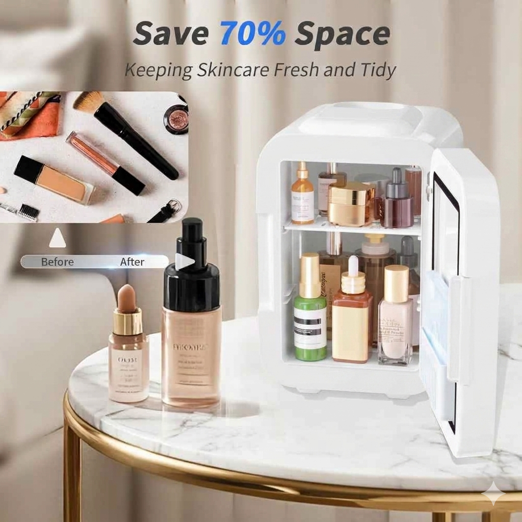 Mini Nevera Para Maquillaje Cuidado De La Piel Con Espejo Led Nv-4l Blanca
