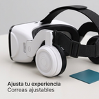 Detalle ilustrativo del audífono integrado y las correas ajustables del visor