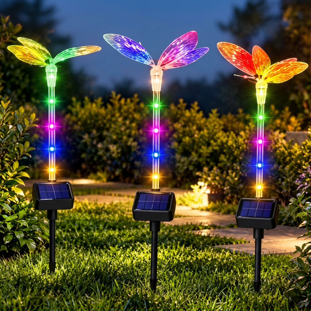 Pack 3 unidades lámparas solares LED mariposa multicolor LPBF-C ambientadas en jardín
