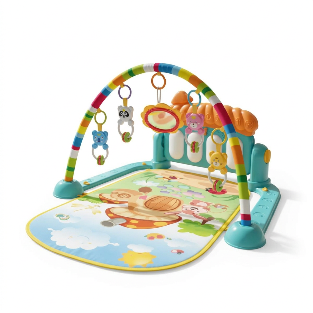 Gimnasio musical bebé HE-0639 con tapete, arco multicolor, colgantes y piano dinosaurio sobre fondo blanco.