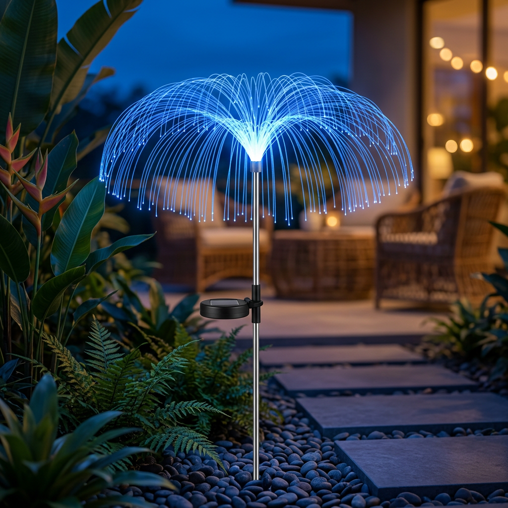 Lámpara solar decorativa SM-C3540 instalada junto a un patio al atardecer