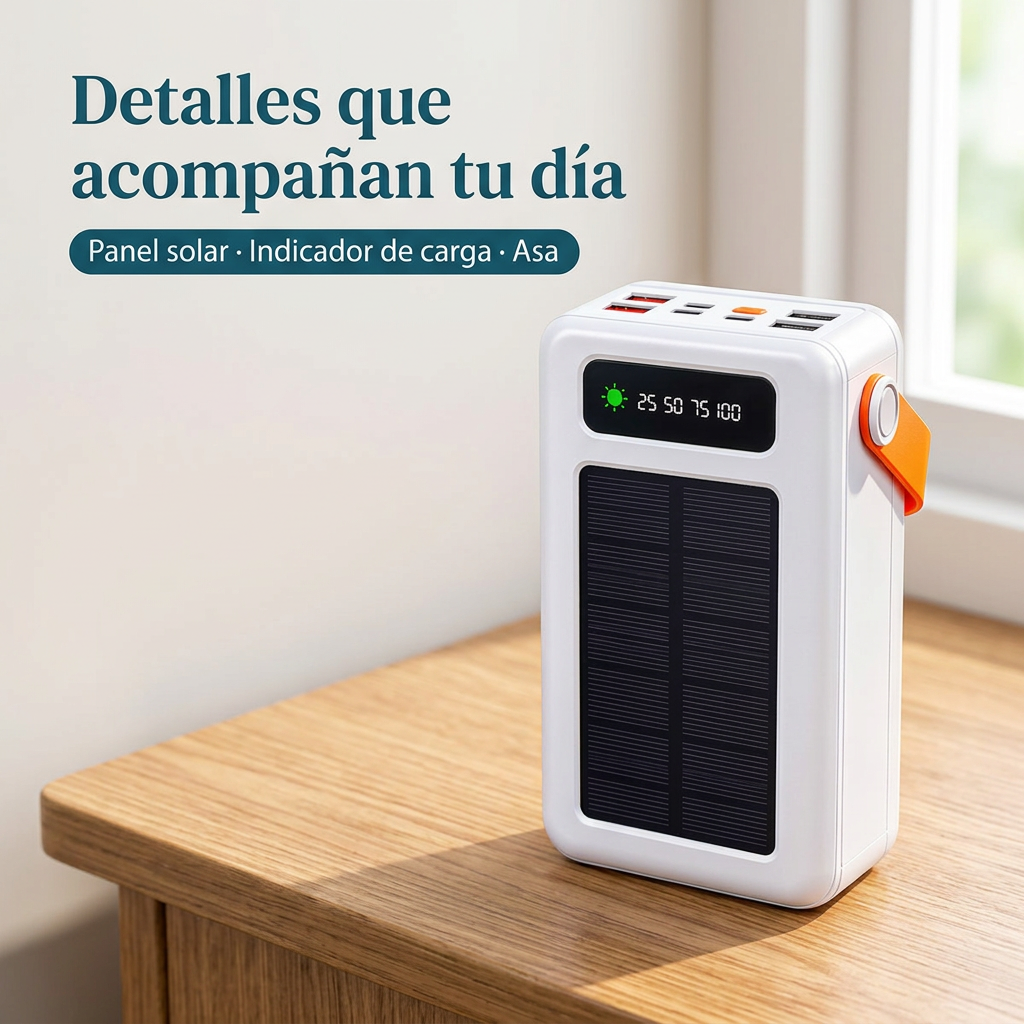 Detalles visibles del power bank solar 641CX, panel indicador de carga y asa
