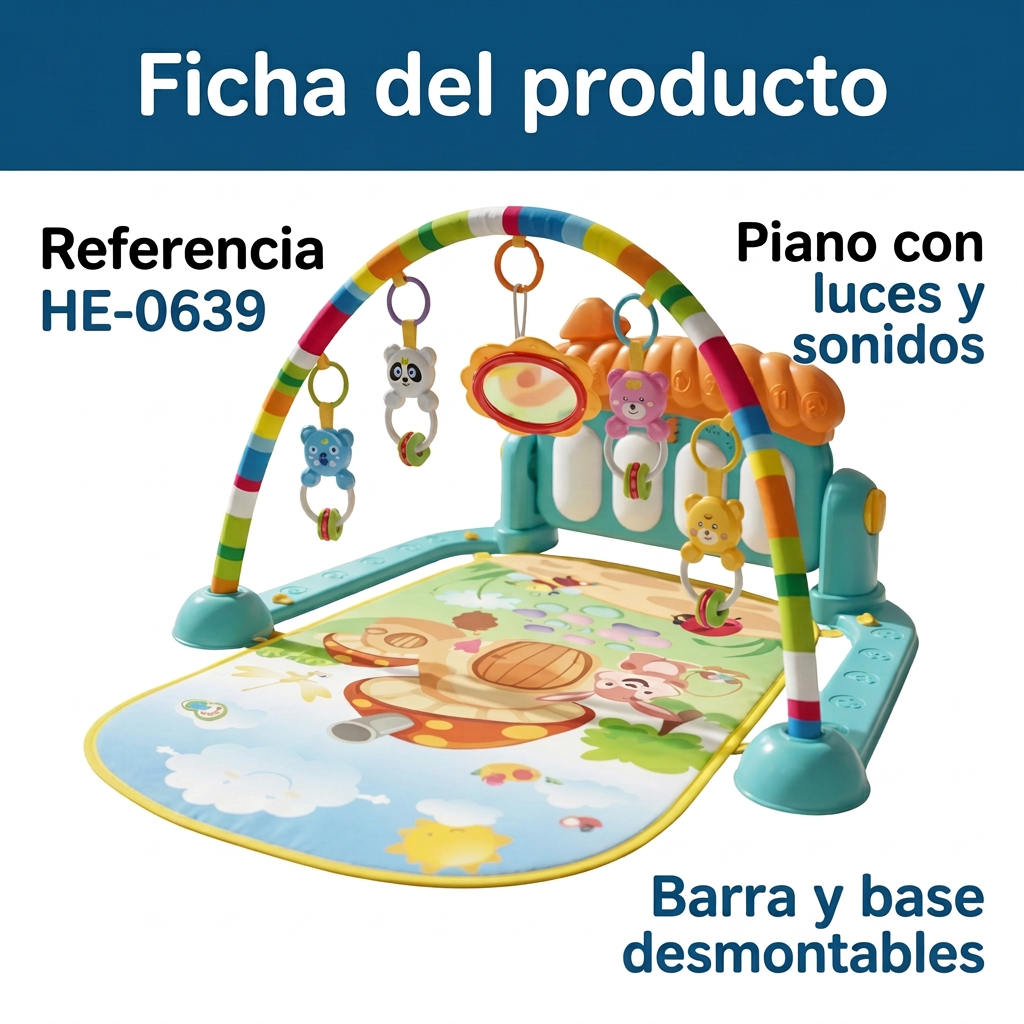 Ficha del gimnasio HE-0639: piano con luces y sonidos, barra y base desmontables.