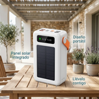 Power bank 641CX ambientado en terraza con panel solar integrado y diseño portátil
