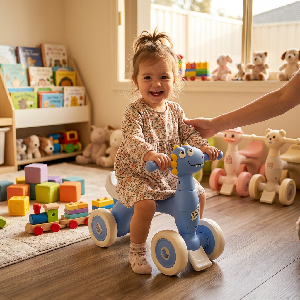 Niña jugando con su triciclo infantil de personajes en el cuarto de juegos