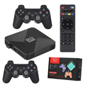 Conjunto Gamebox G5 con consola dos mandos control remoto y empaque sobre fondo blanco